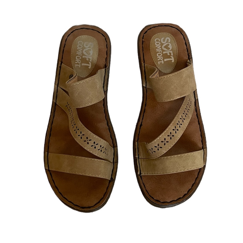 SOFT COMFORT Slide On Sandals in Tan with Detailed Cut Outs - Picture 1 of 11